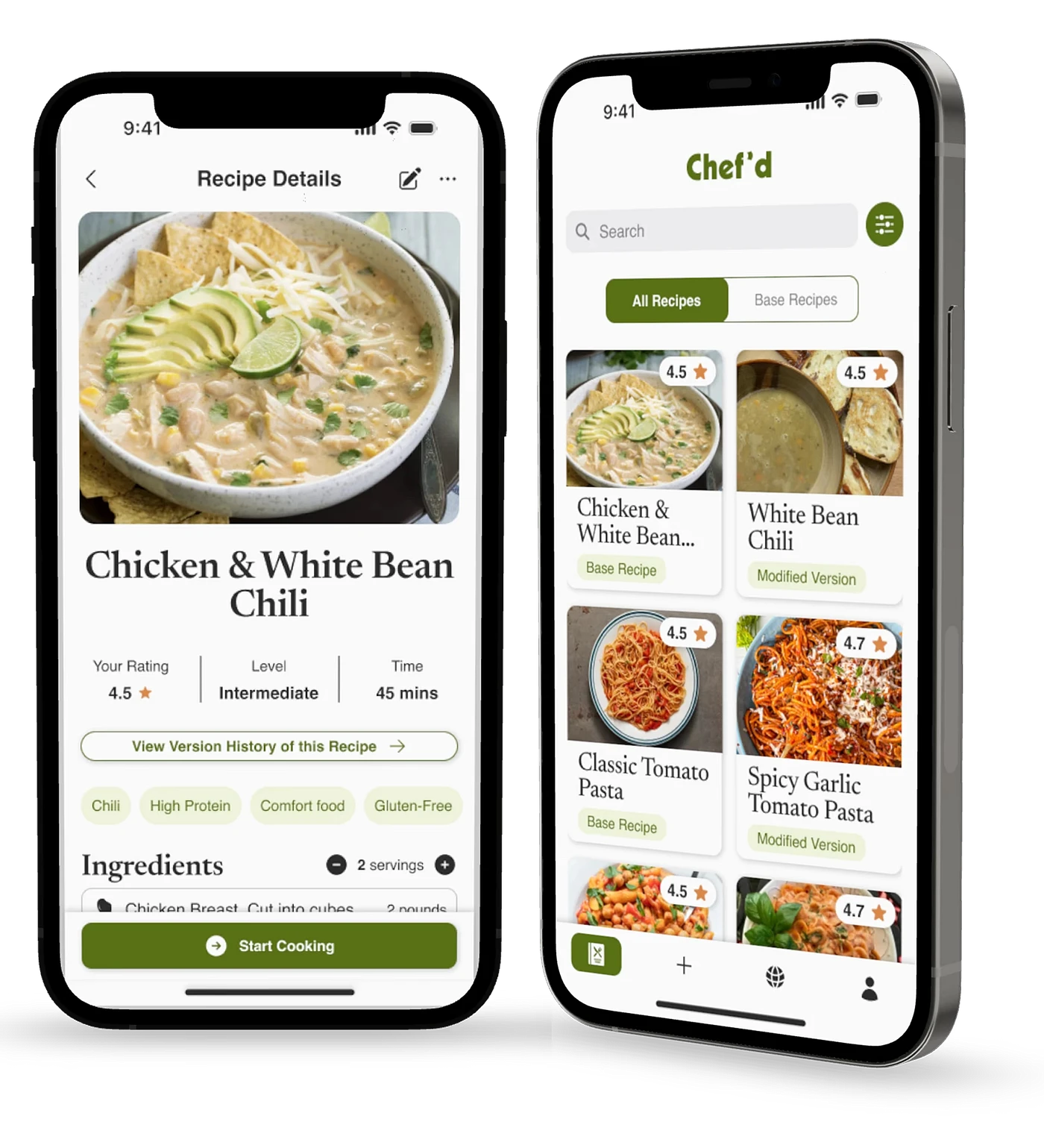 Chef'd recipe detail screen and home screen showing base recipes and modified versions side by side