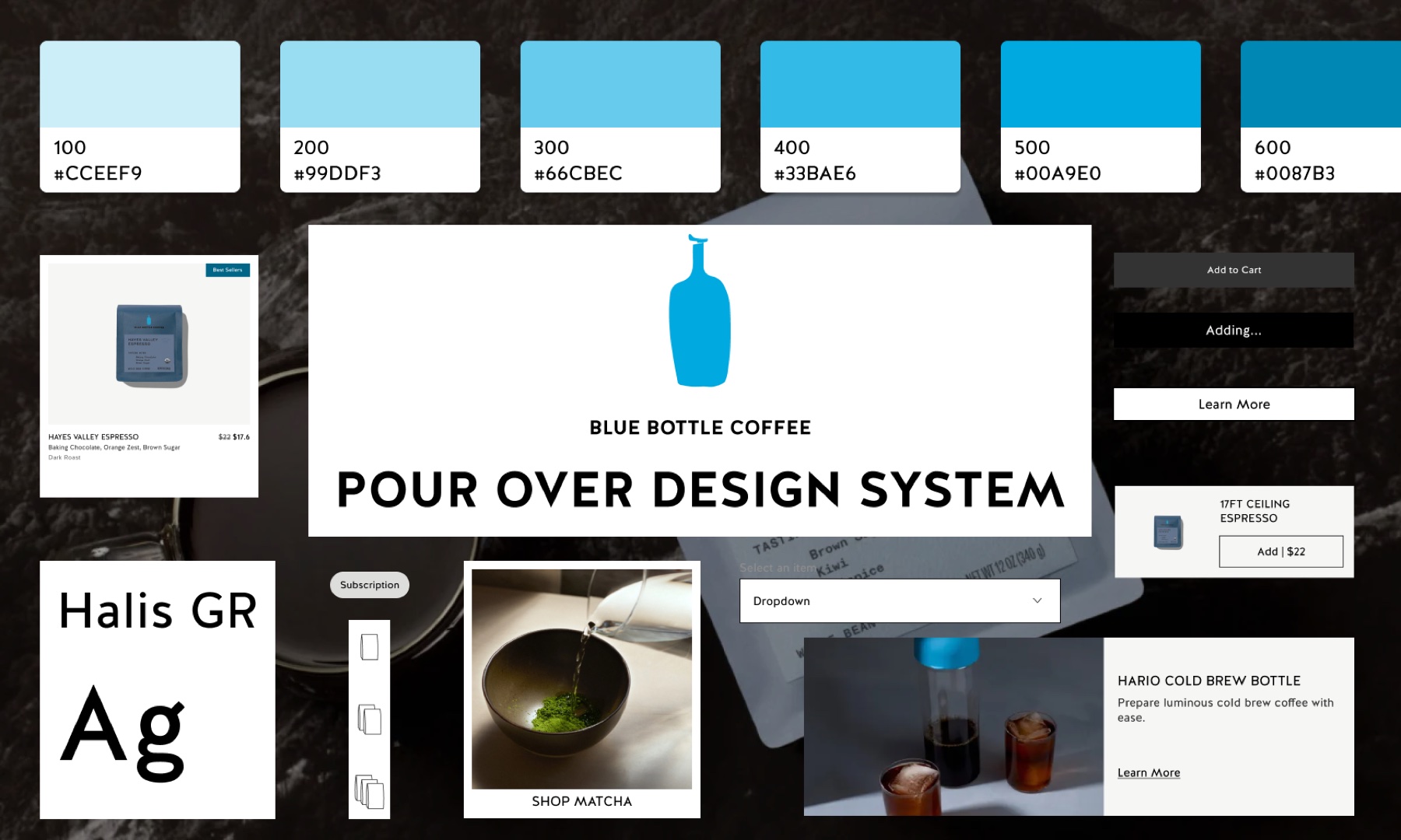 Pour Over design system colors, type, and components for Blue Bottle Coffee