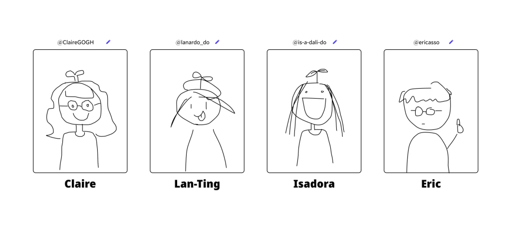 Hand-drawn in-game avatars for Claire, Lan-Ting, Isadora, and Eric