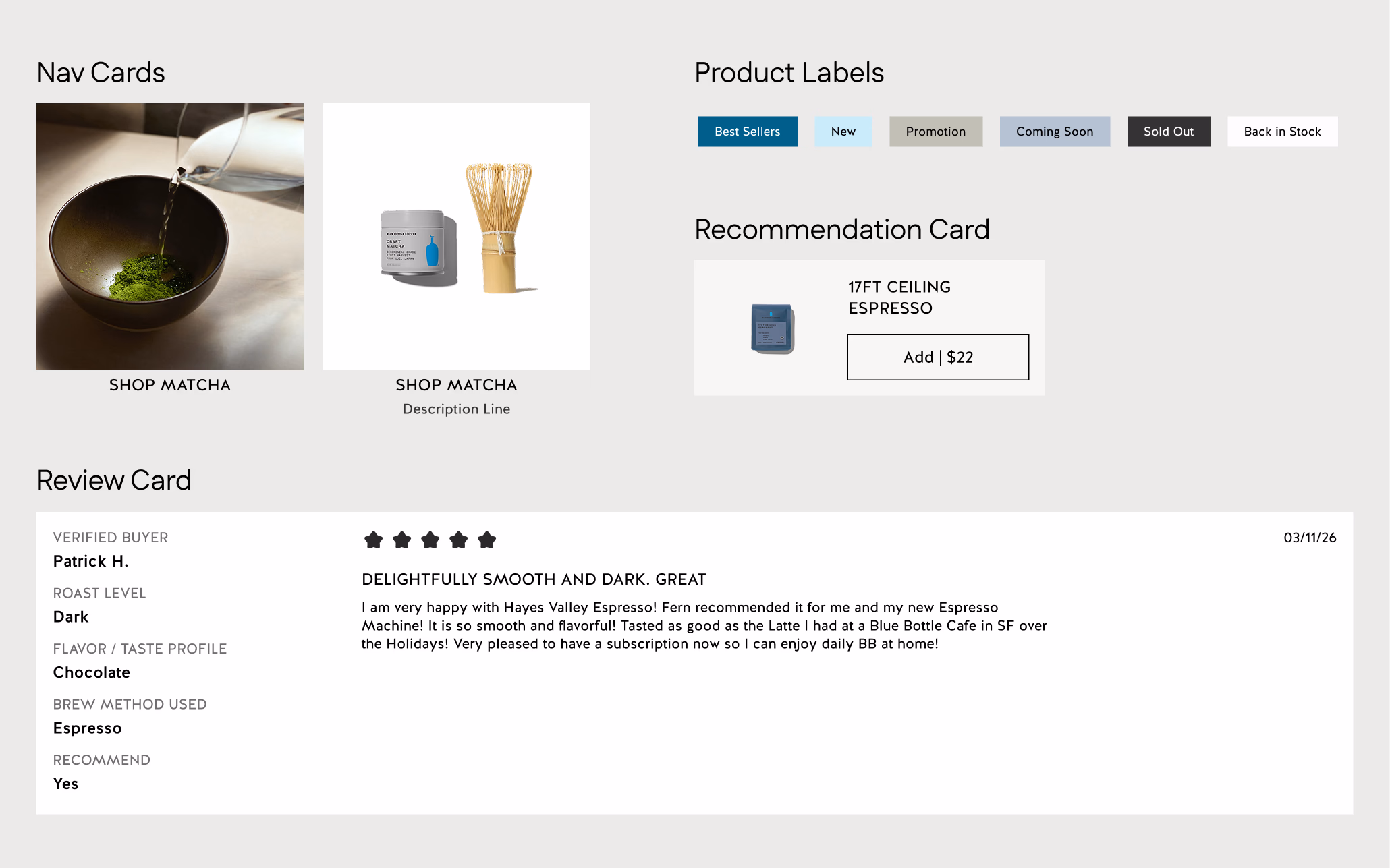 After: standardized nav cards, product labels, and review cards following Pour Over