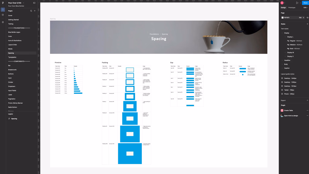 Spacing tokens documented in Figma, including primitive values, padding, gap, and radius